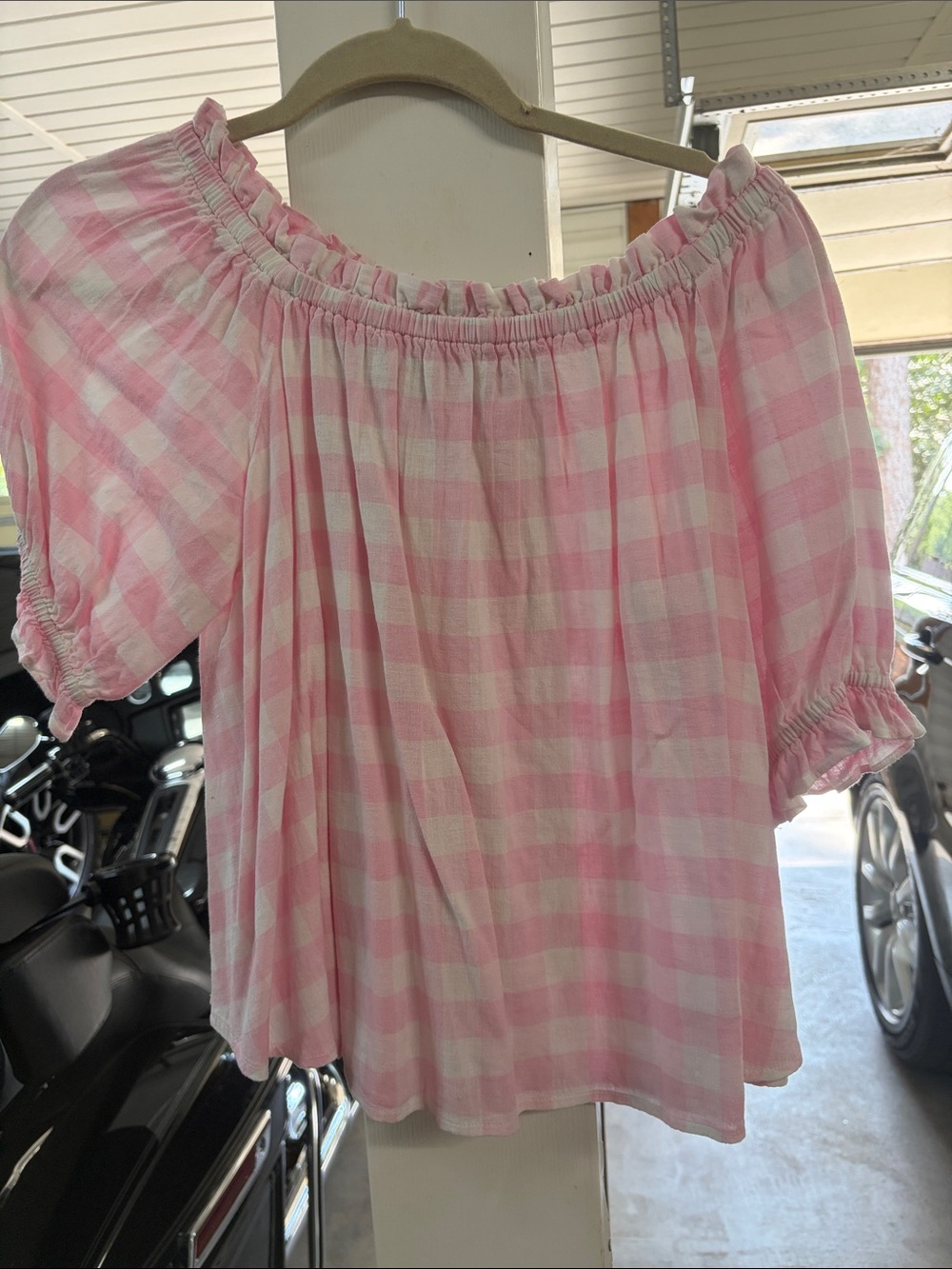 crown & ivy Pink and White Gingham Off-Shoulder Tunic Top